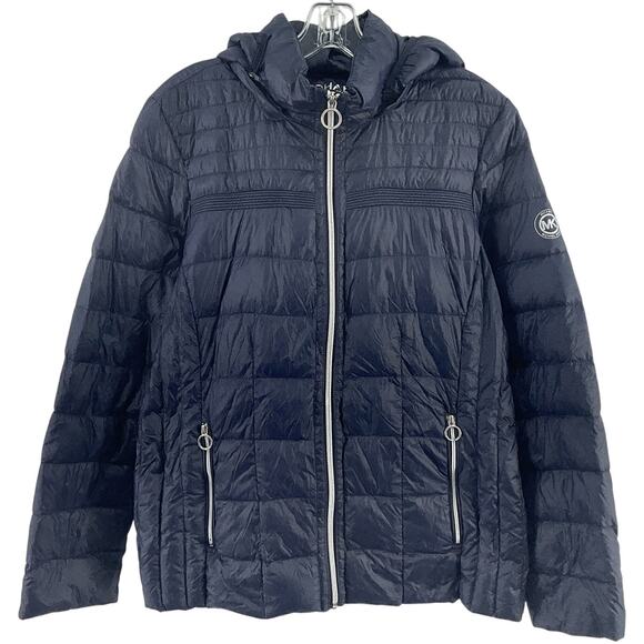 Michael Kors Navy Blue Nylon Hooded Zip-Up Puffer Jacket Womens XL Plus Preowned - Picture 1 of 7